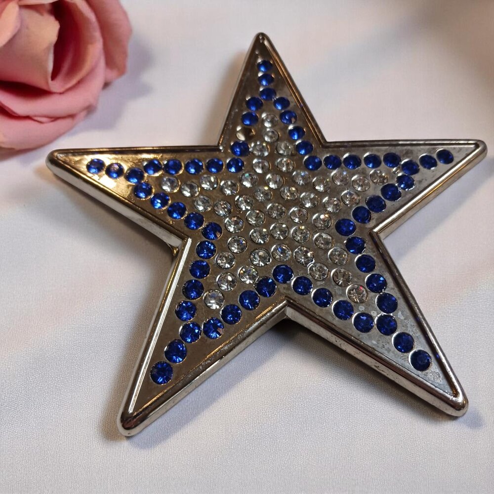 Silver Star Western Belt Buckle with Clear & Cobalt Crystals – Fits 1.5" Belt
